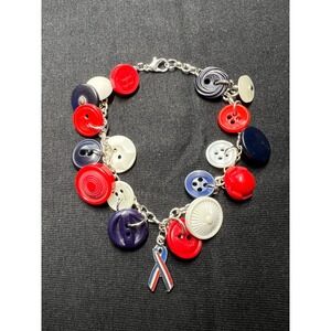Vintage Button Charm Bracelet: Breast‎ Cancer Awareness Red, White Blue Buttons